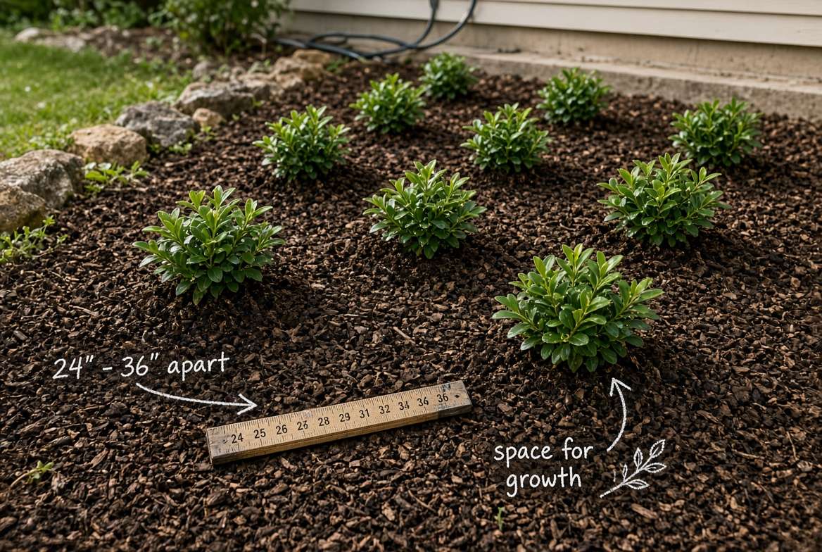 Freshly planted immature Carissa Emerald Blanket shrubs spaced apart in a garden bed with mulch.