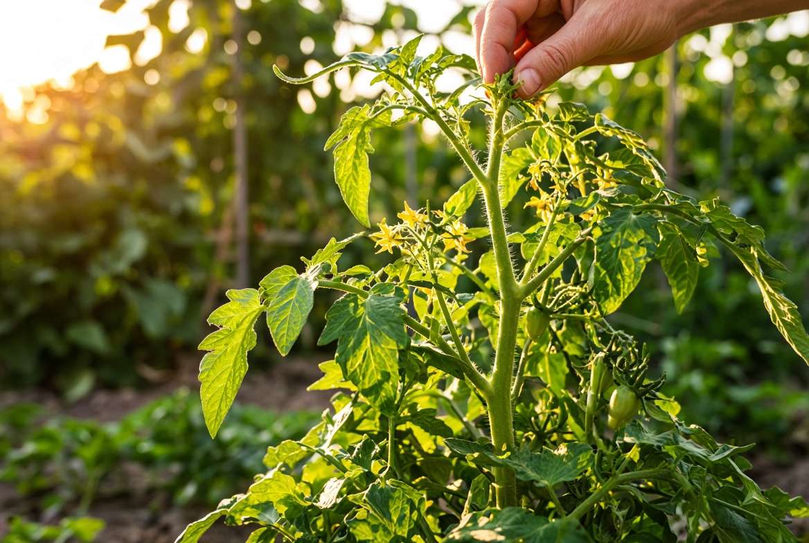 Gardener properly pinching off the top apical growth of an indeterminate tomato plant in a sunny garden.