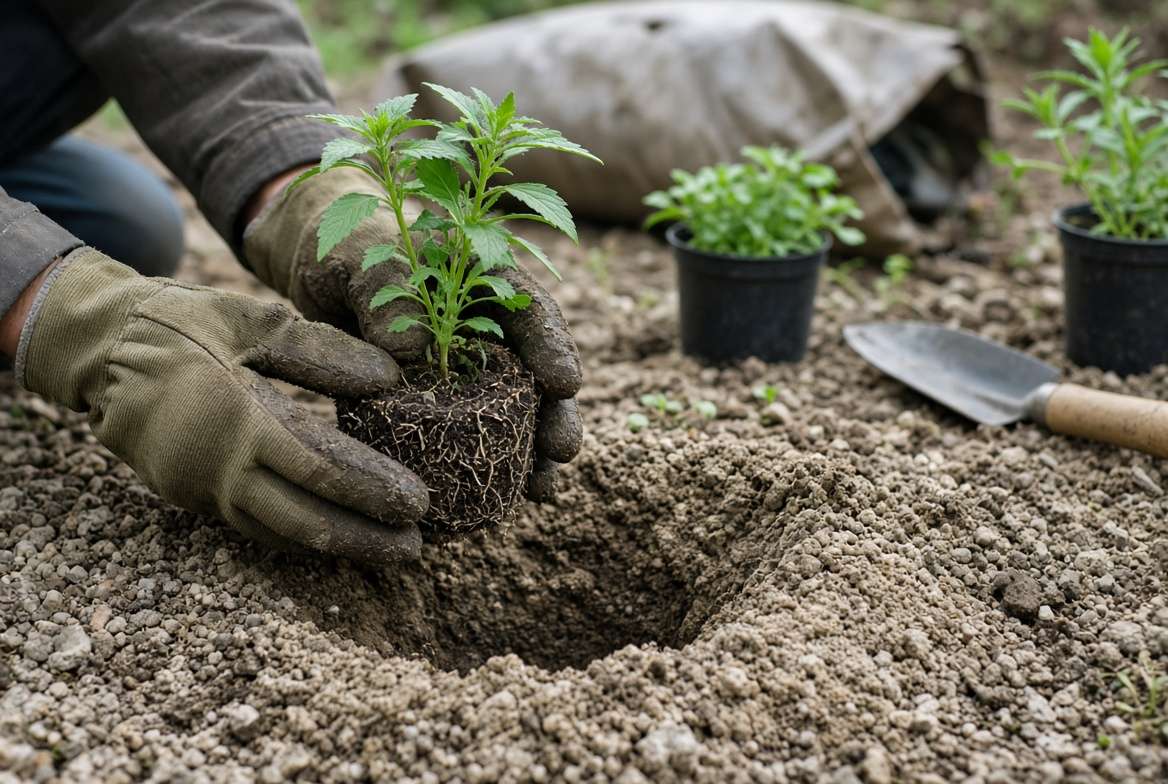 A gardener's gloved hands gently placing a young hyssop plant seedling with visible roots into a prepared garden hole with sandy, well-draining soil.