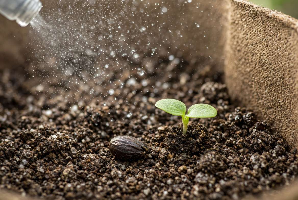 A roselle hibiscus plant seed and a young seedling germinating in fertile soil within a starter pot.