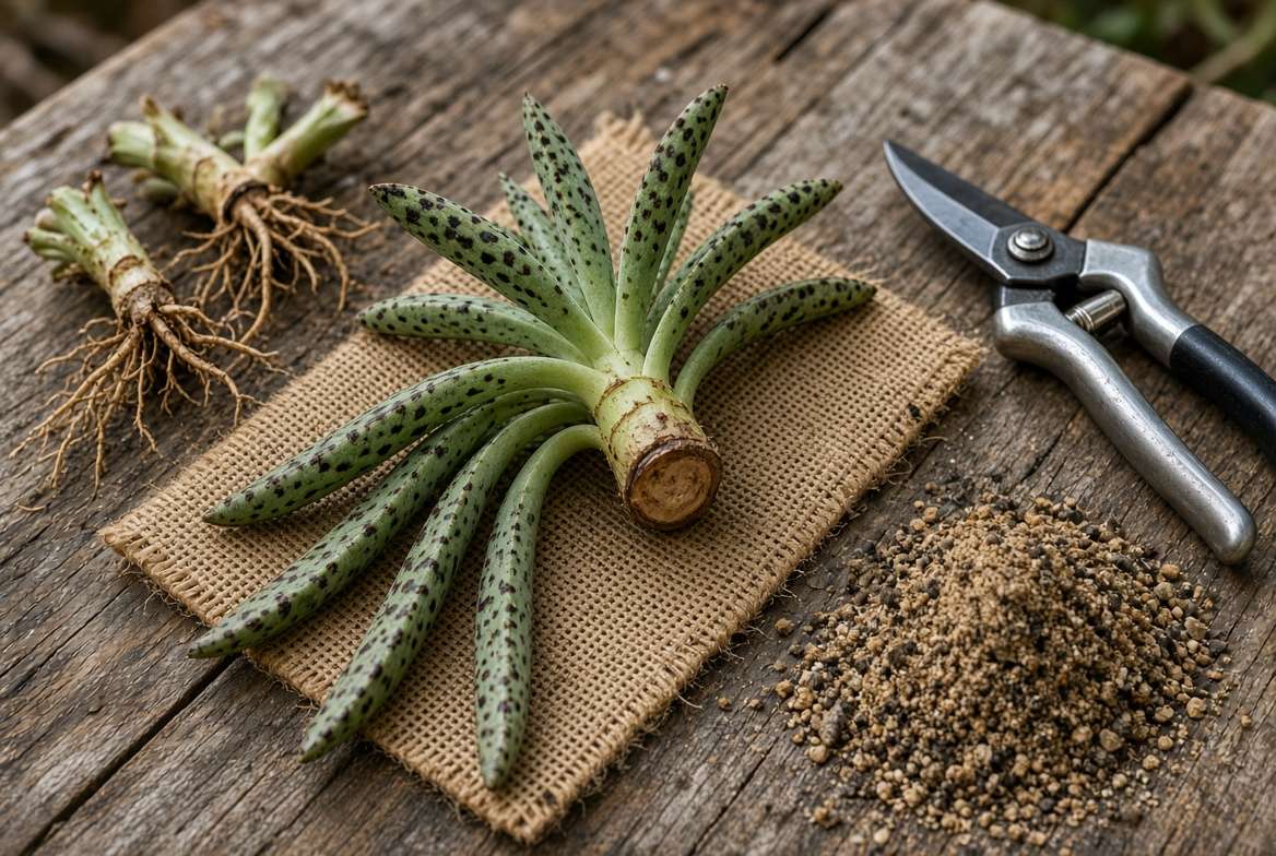 Callused stem cutting and trimmed root parts of a Donkey Ears plant drying on a workbench after an emergency rot rescue before replanting.