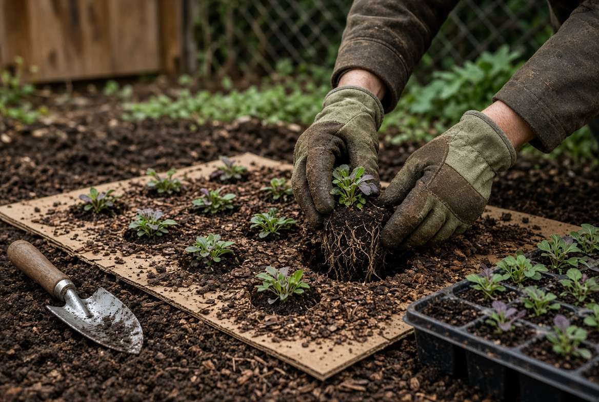 Gardener hand-planting young perennial ground cover plugs through a staggered cardboard sheet-mulch barrier in a garden bed.