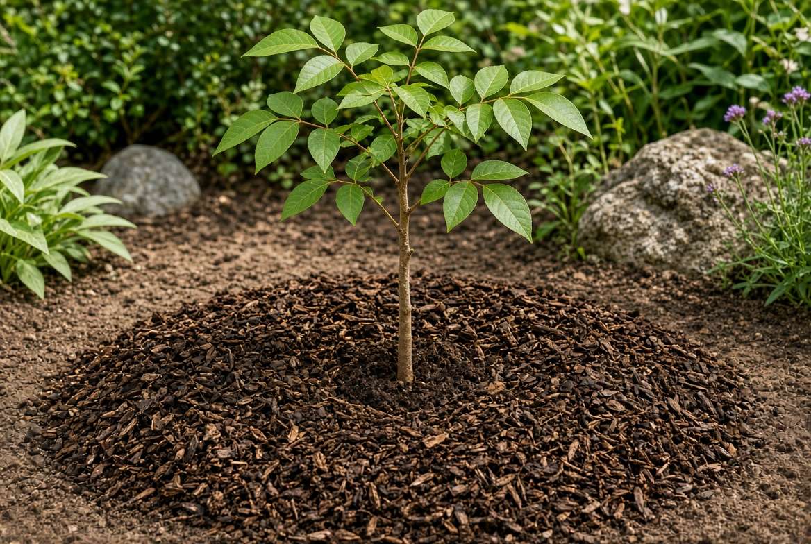 Newly planted Mexican buckeye tree sapling with a proper ring of organic mulch around the base.