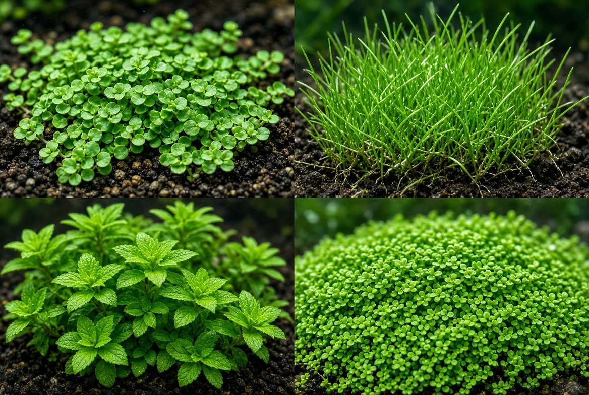 Identification guide collage of four common carpeting aquatic plants including Monte Carlo, Dwarf Hairgrass, Staurogyne repens, and Dwarf Baby Tears.