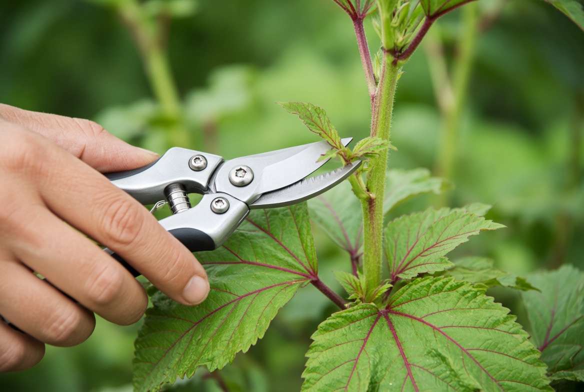 Close-up of garden shears pinching back the central growing tip of a young roselle hibiscus plant to encourage bushy growth.
