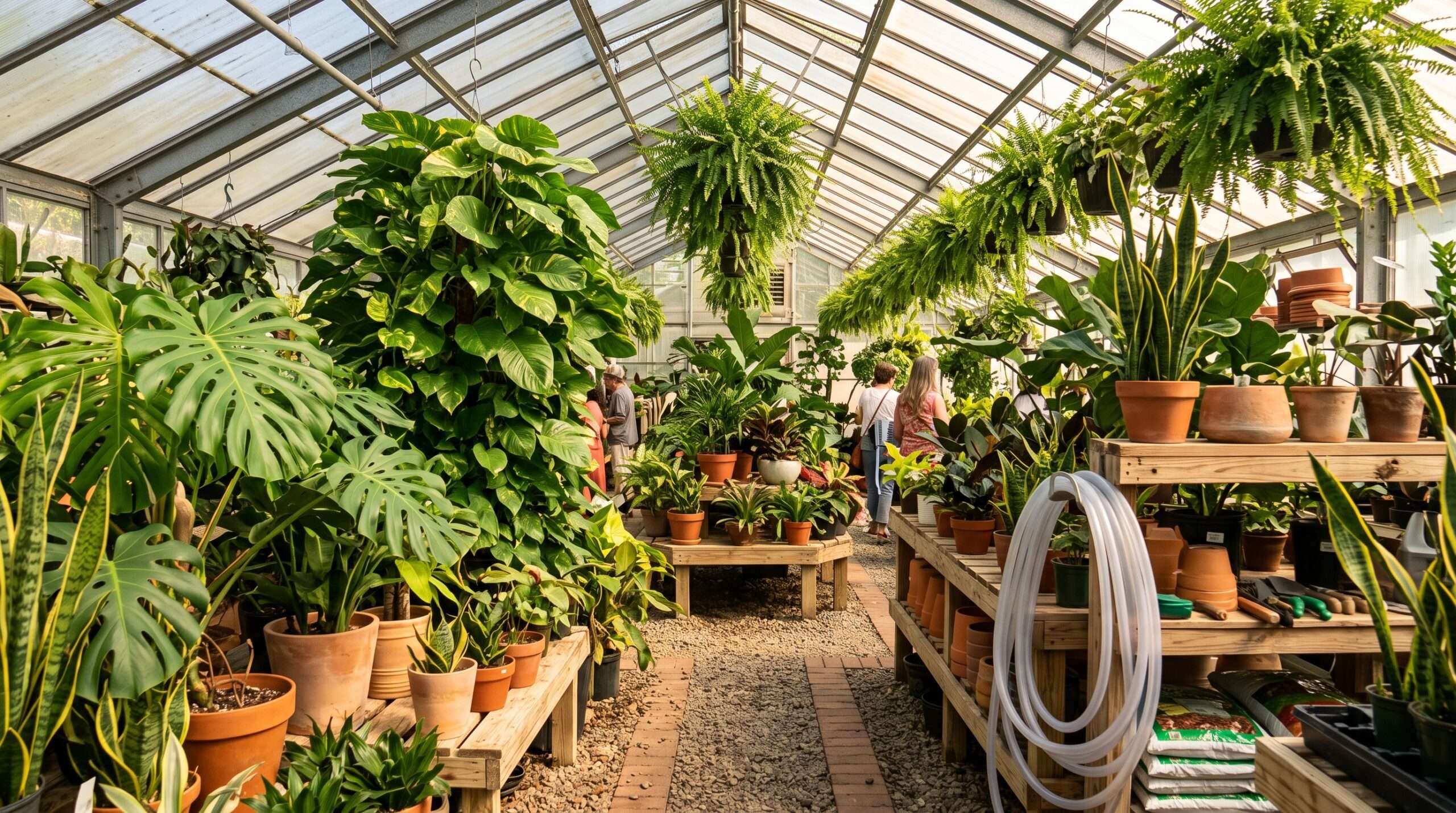 A sunlit indoor greenhouse filled with healthy tropical houseplants, monsteras, and pothos at a Wilmington nursery.