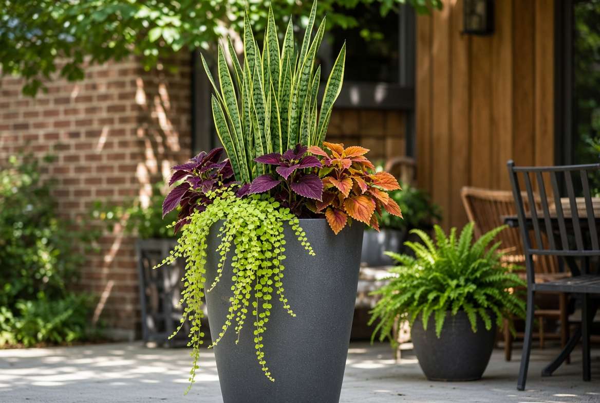 A tall skinny planter on an outdoor patio featuring a snake plant, coleus, and cascading creeping Jenny.