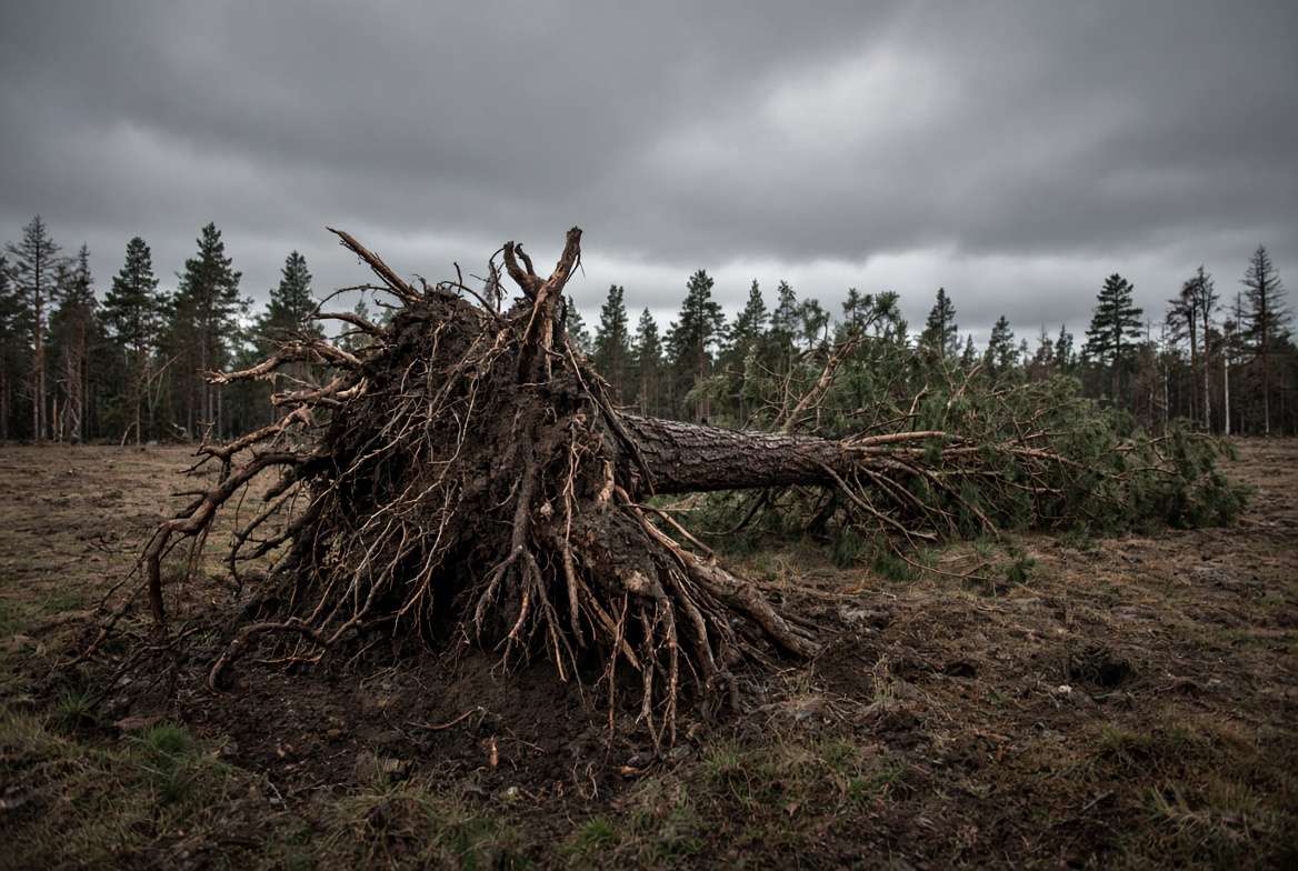 Uprooted seed tree in an open forest clearing demonstrating the severe risk of windthrow damage.