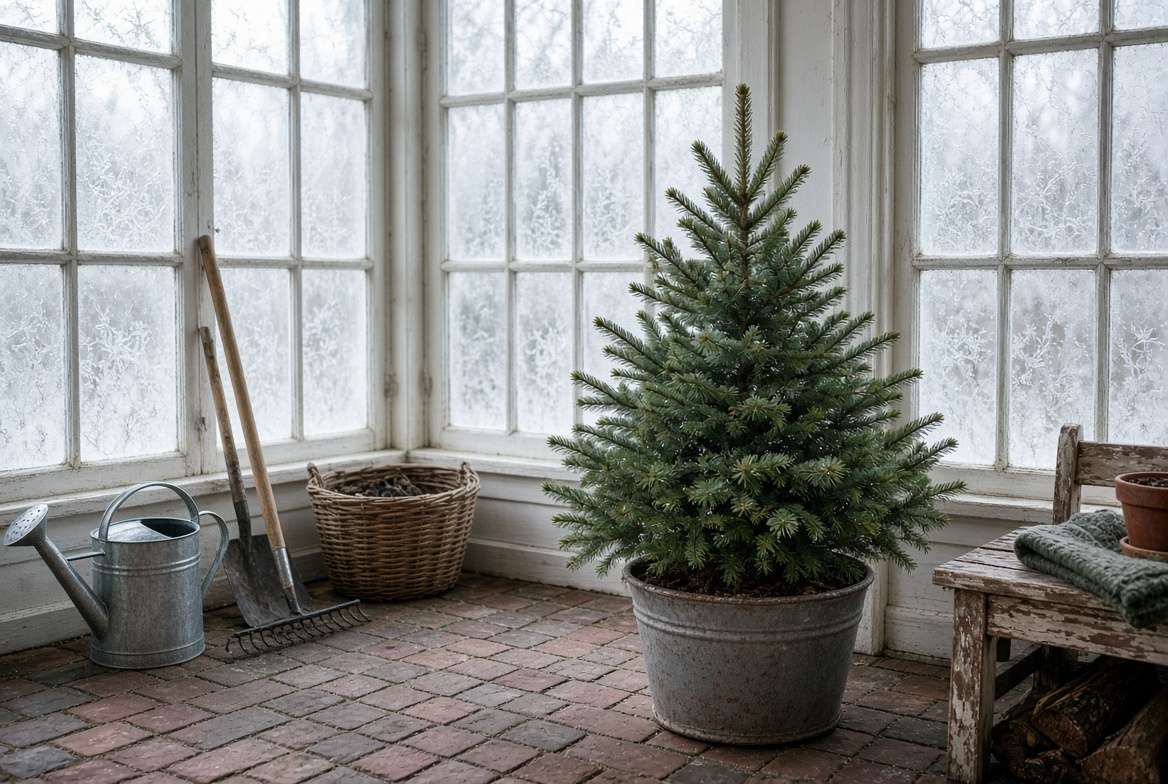 Potted live Christmas tree safely acclimating in a cool enclosed porch before moving indoors