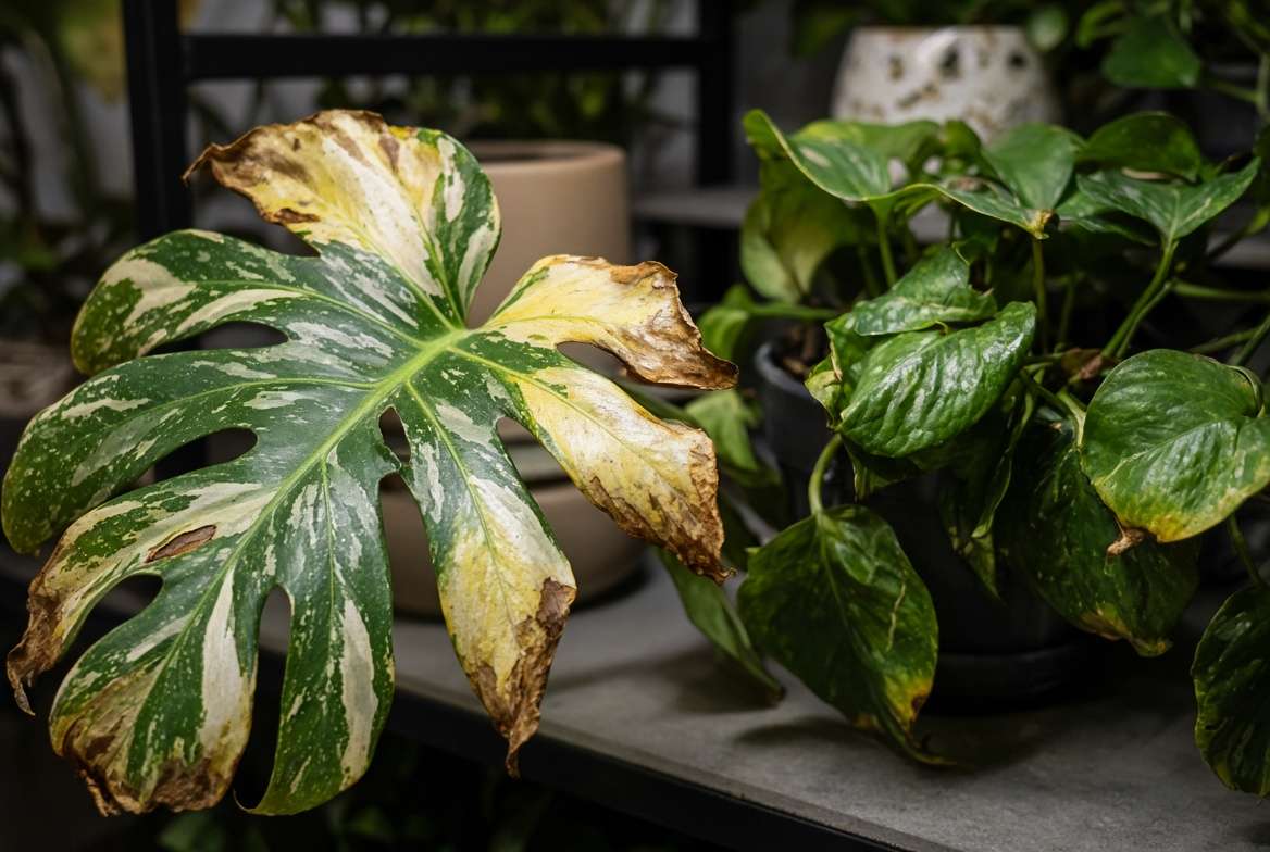 Close-up of a damaged indoor plant leaf showing brown, crispy, and bleached spots from grow light burn