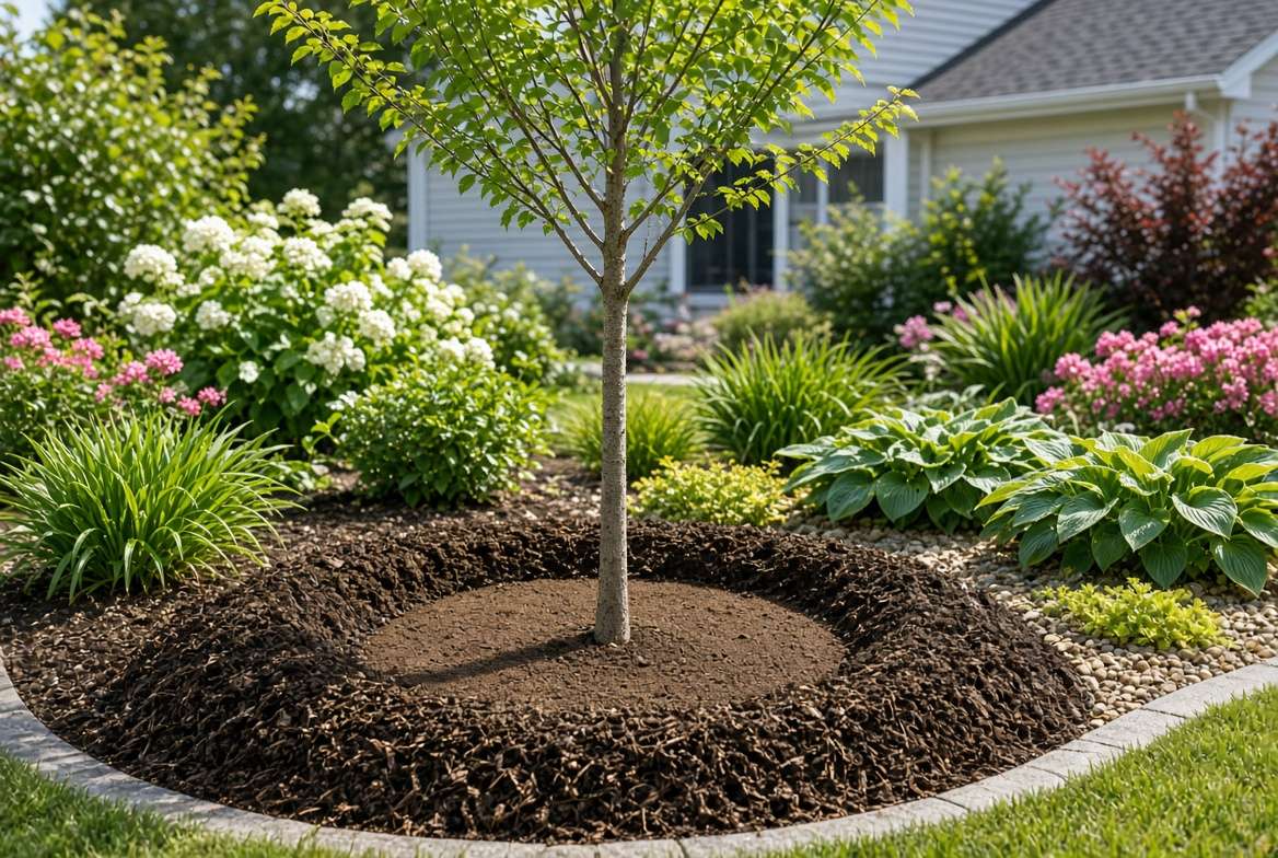 A newly planted tree demonstrating the proper mulch doughnut technique to prevent root rot.