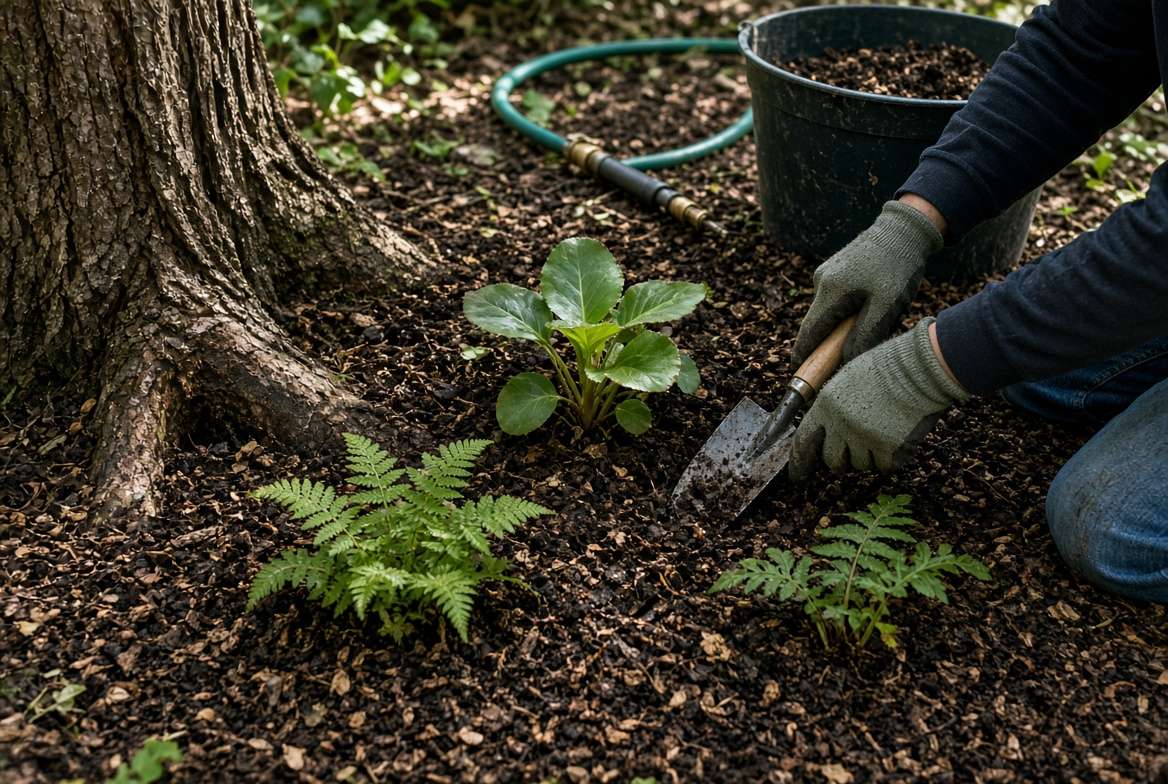 Spreading a 2-inch layer of natural organic mulch around newly planted shade perennials under a tree to retain soil moisture.