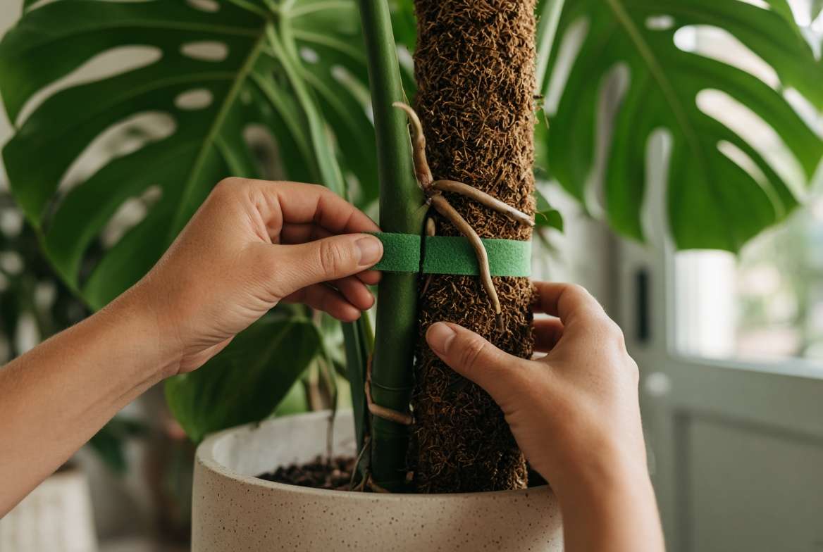 A person securing a climbing Monstera plant to a natural moss pole using green plant tape.