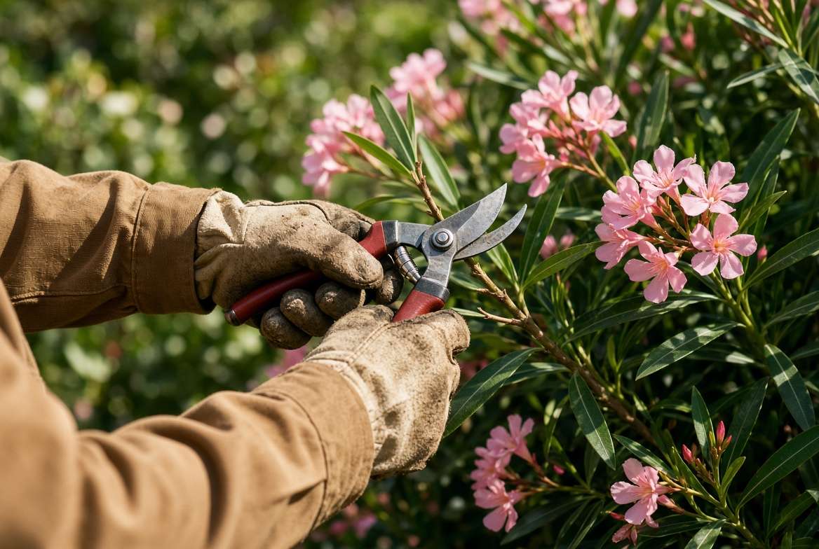 A gardener wearing thick gardening gloves and a long-sleeved shirt to safely prune and handle toxic oleander plants in a backyard.