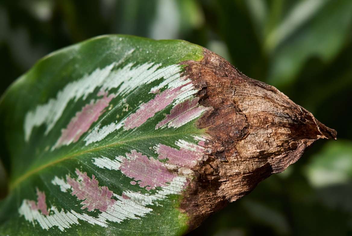 A close-up photograph of a Calathea Stella leaf tip with dry, brown, and crispy edges caused by low humidity stress.