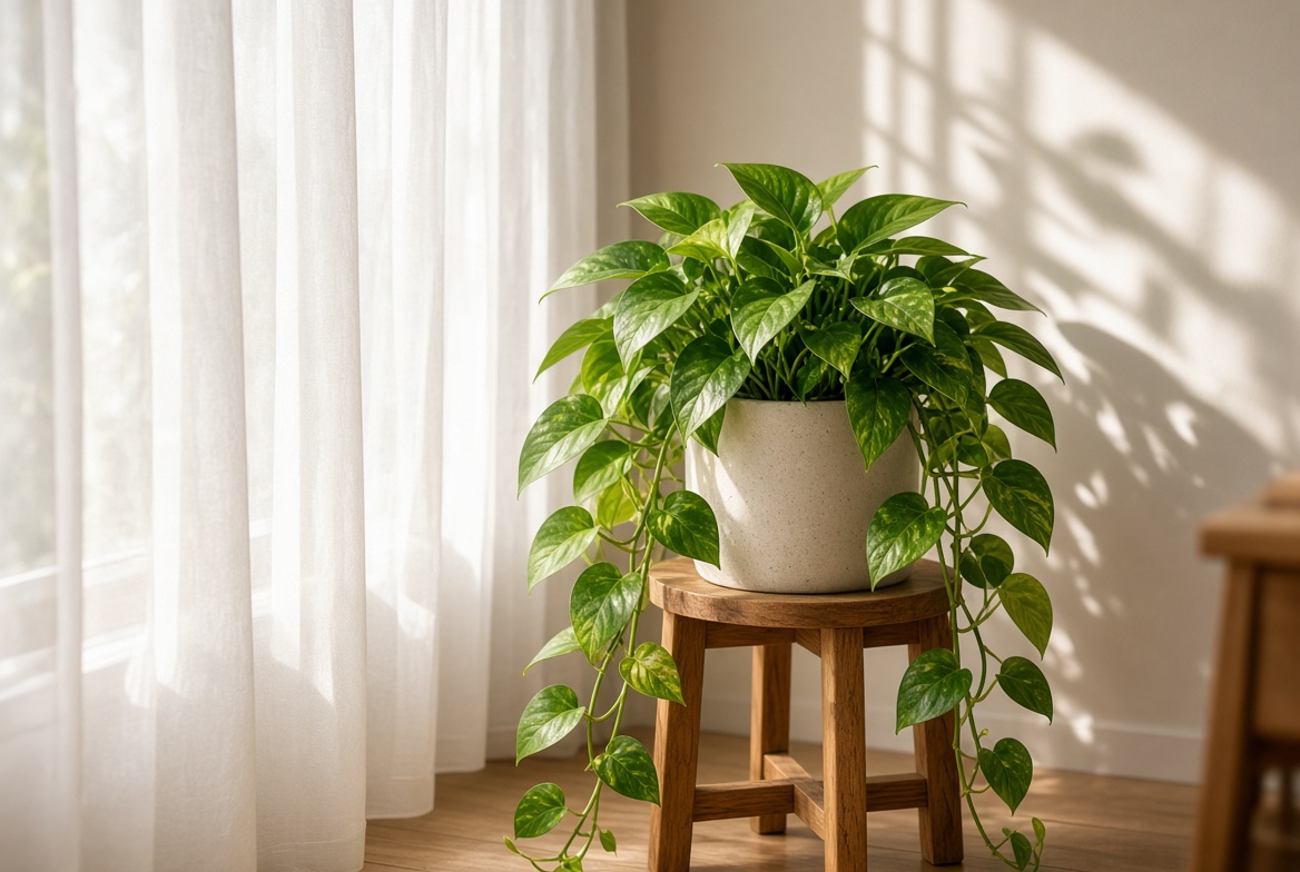 A healthy pothos plant thriving in bright indirect sunlight near a window with sheer curtains.