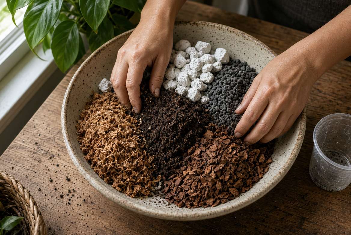 A close-up shot of hands mixing a custom aroid soil blend for Stella plants, showing chunky coconut coir, orchid bark, perlite, and pumice.