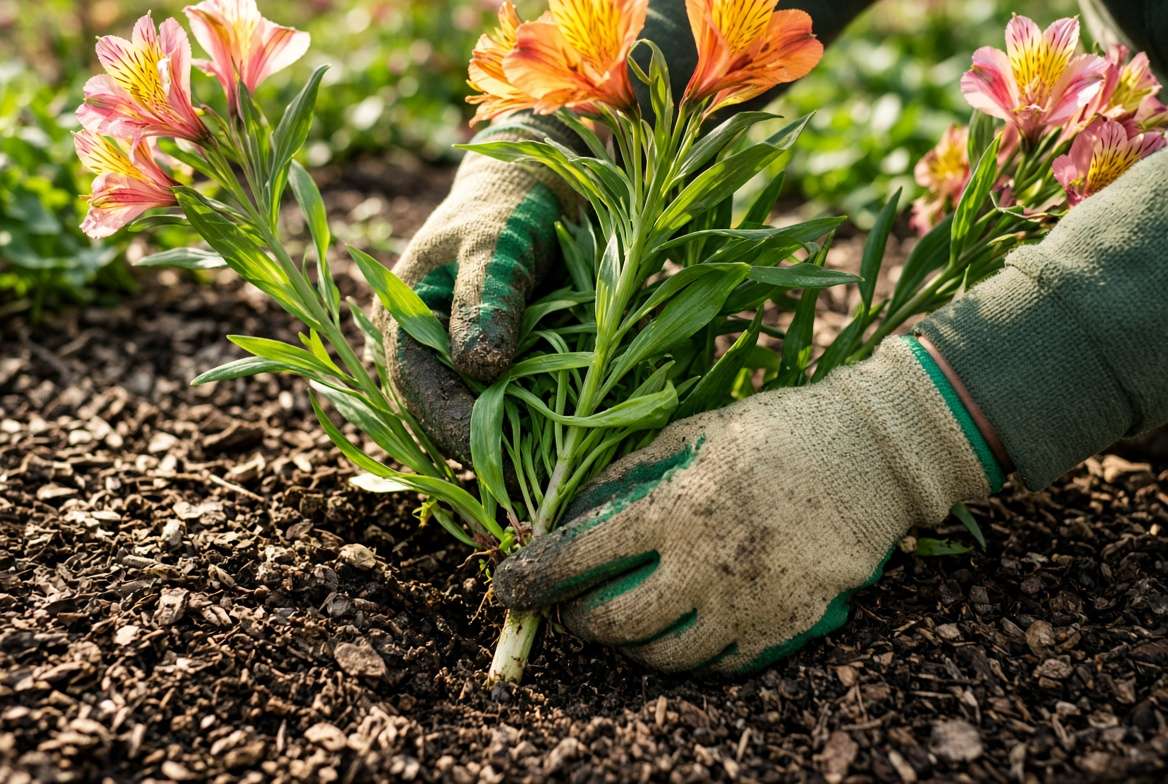 A gardener demonstrating the correct stem-pulling harvest method for Peruvian lilies.