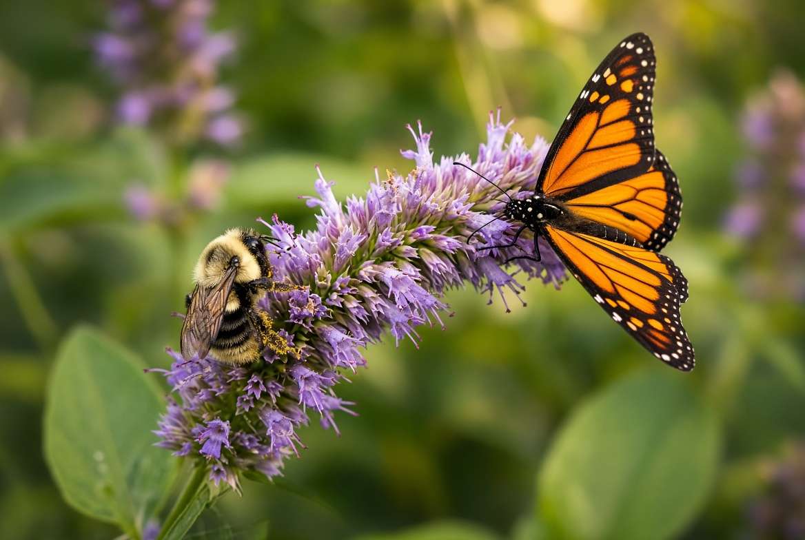 A close-up shot of a fuzzy bumblebee and a Monarch butterfly feeding together on a blooming purple Anise Hyssop flower spike in a sunny summer garden