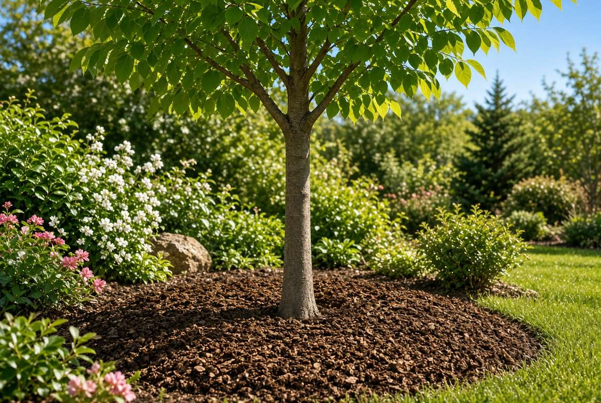 Proper mulching technique around the base of a tree, keeping organic mulch pulled away from the trunk to prevent crown rot.