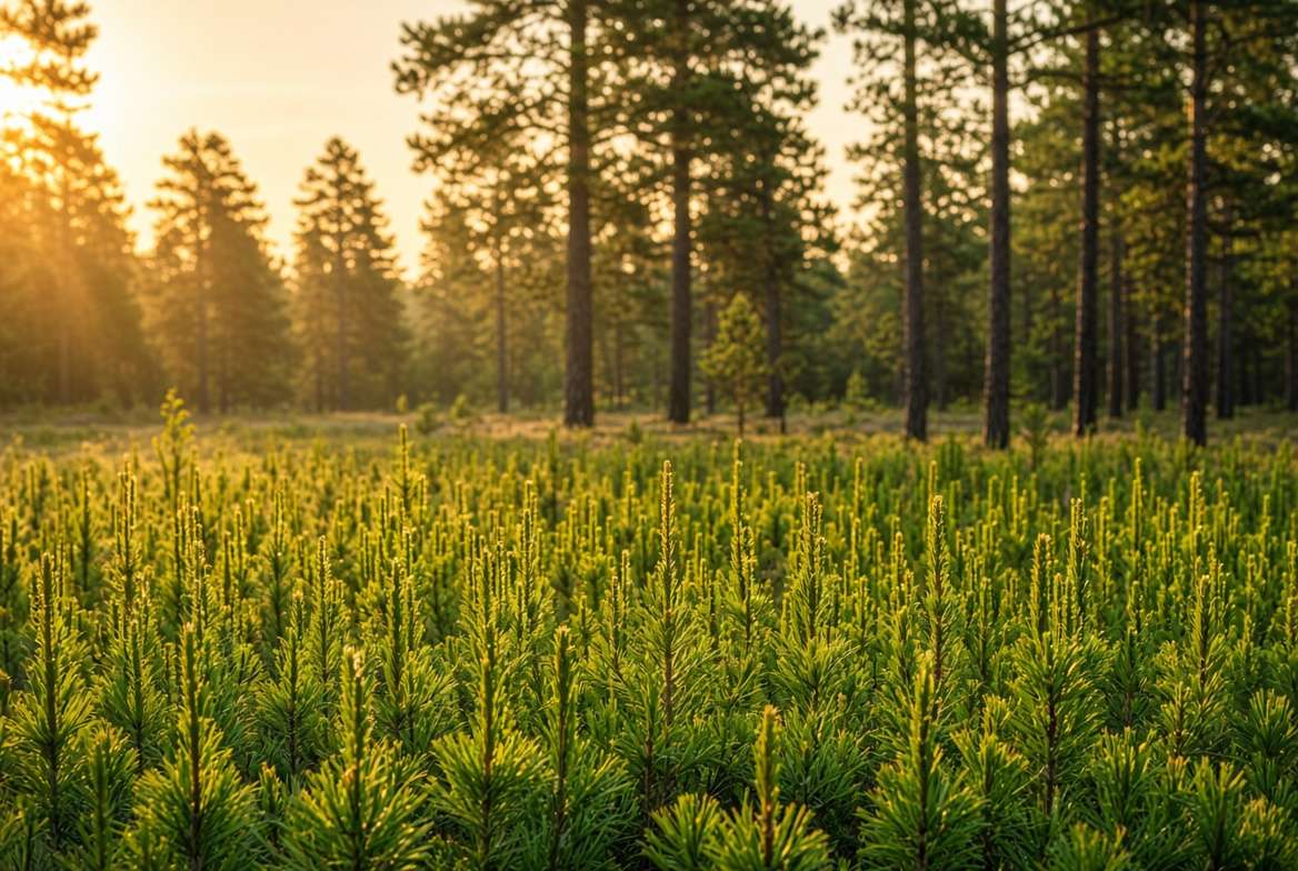 Healthy young pine saplings growing rapidly in a sunlit clearing with mature parent trees in the background.