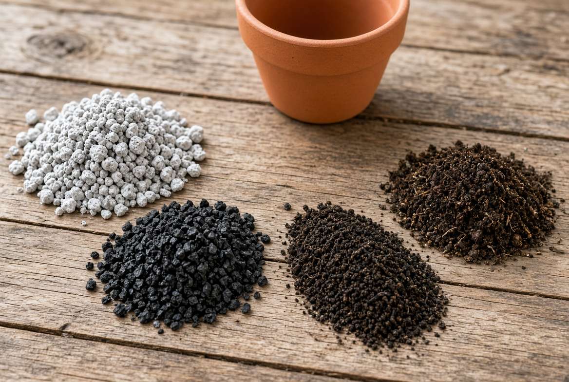 Visual representation of the distinct components needed for a San Pedro cactus soil mix, including coarse pumice, biochar, and worm castings, arranged before mixing.