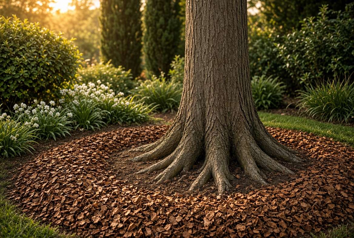 Proper mulching technique around the base of a cypress tree to retain moisture and prevent root rot