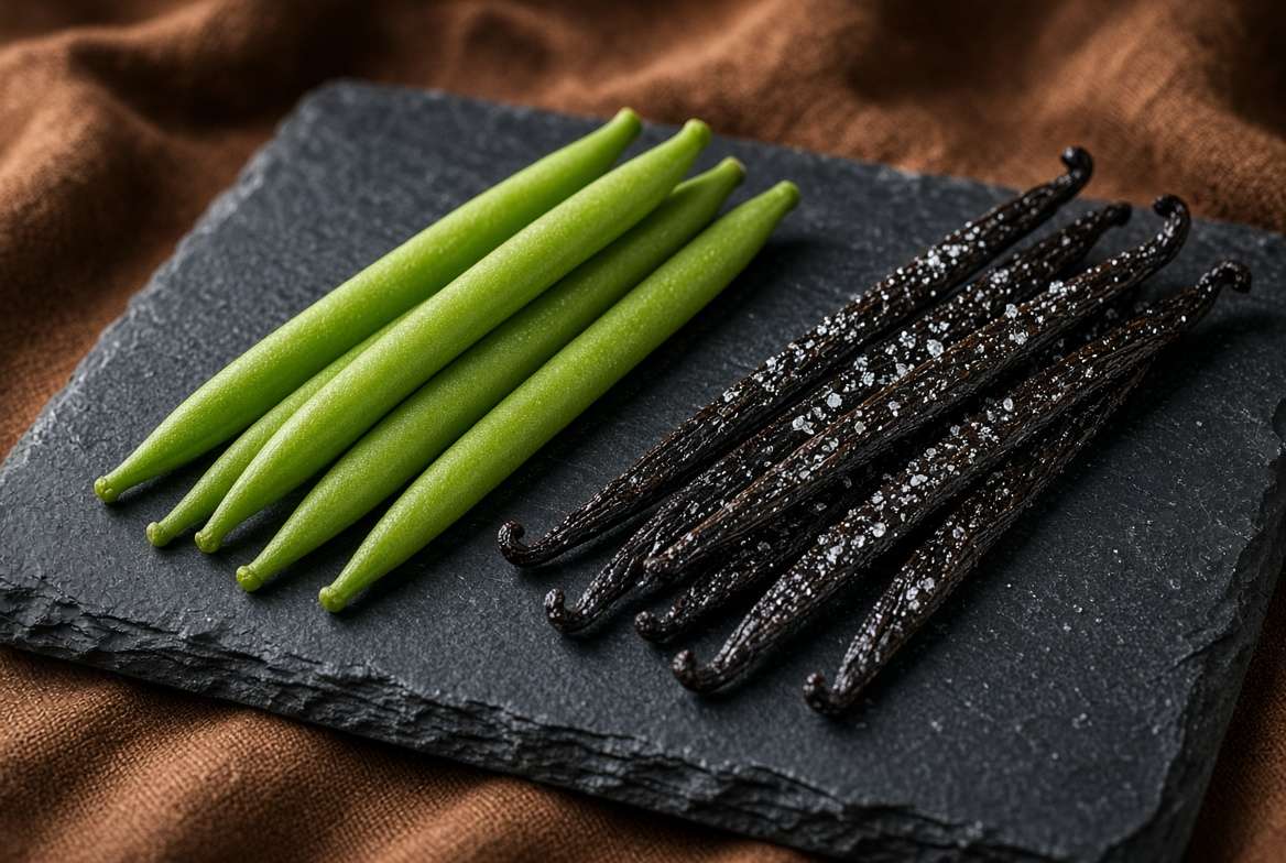 Comparison between fresh green vanilla pods and fully cured, black aromatic vanilla beans.