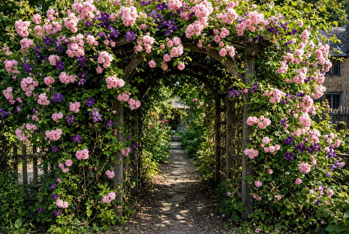 Climbing pink roses and purple clematis winding over a rustic wooden arbor in a cottage garden.