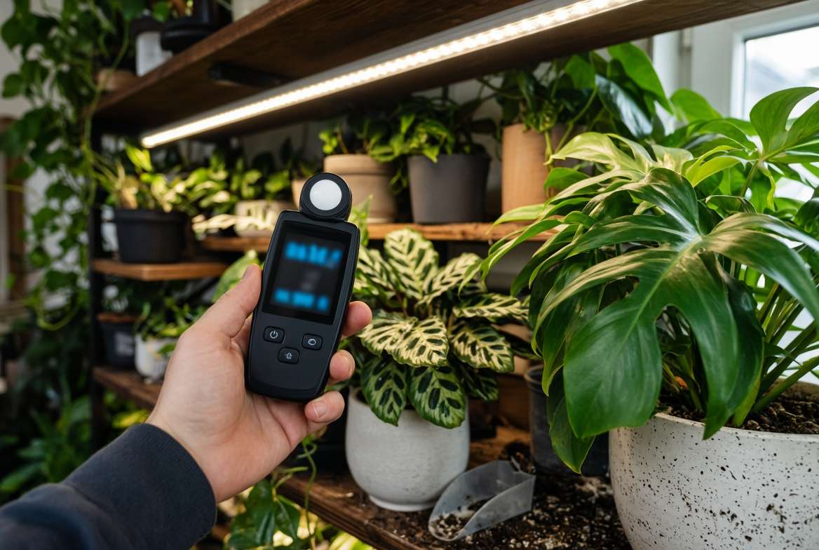 A person using a digital PAR and light meter to measure light spectrum intensity over thriving indoor houseplants beneath LED grow lights.
