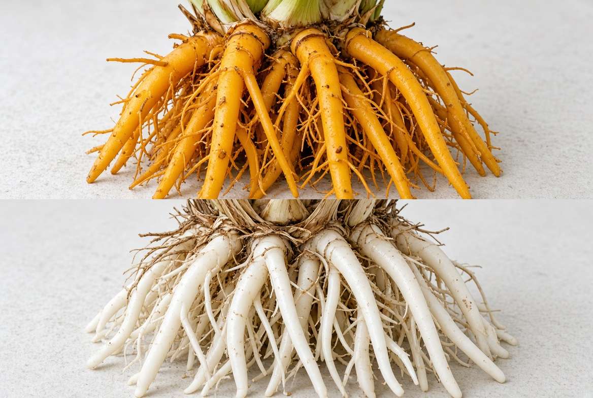 A botanical comparison photograph showing the orange roots of Dracaena indivisa vs. the white roots of Cordyline australis spike plants.