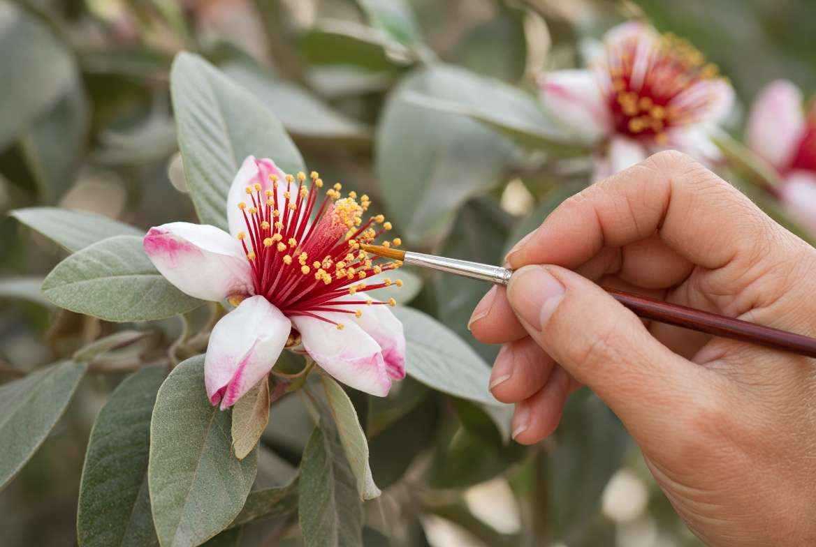A gardener hand-pollinating a pineapple guava flower with a tiny paintbrush to encourage fruit set.