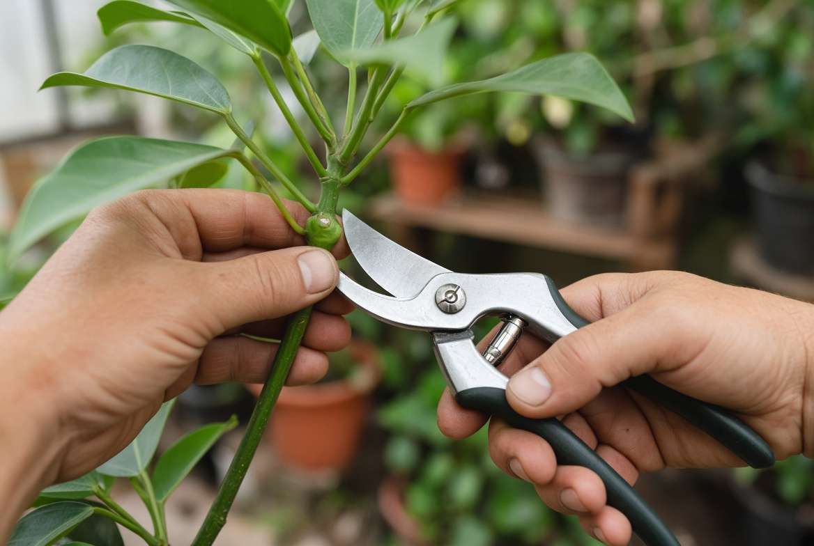 A close-up of a gardener using hand shears to make a pruning cut just above a branch node.