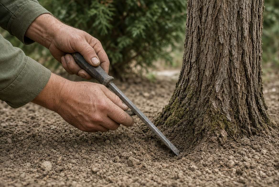 Gardener performing the screwdriver test to check soil moisture levels around a cypress tree.