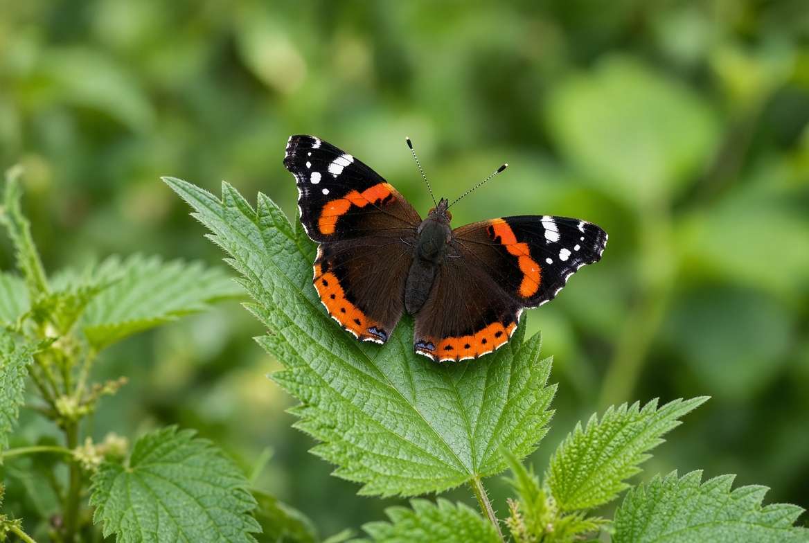 A beautiful Red Admiral butterfly resting on a green stinging nettle leaf in a sunny garden.