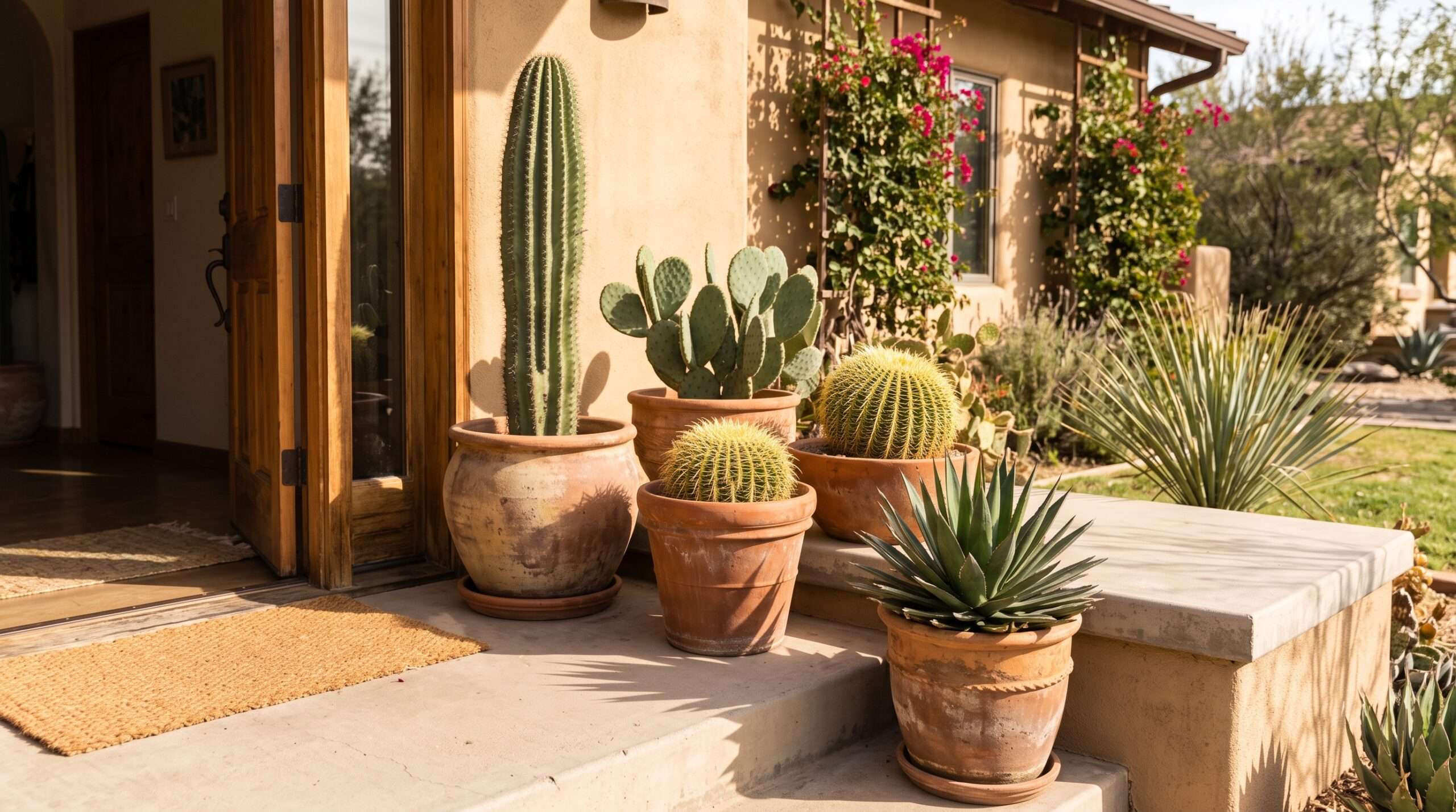 Potted cacti and agave on a sunny outdoor porch near a house's entrance, acting as protective feng shui protectors.