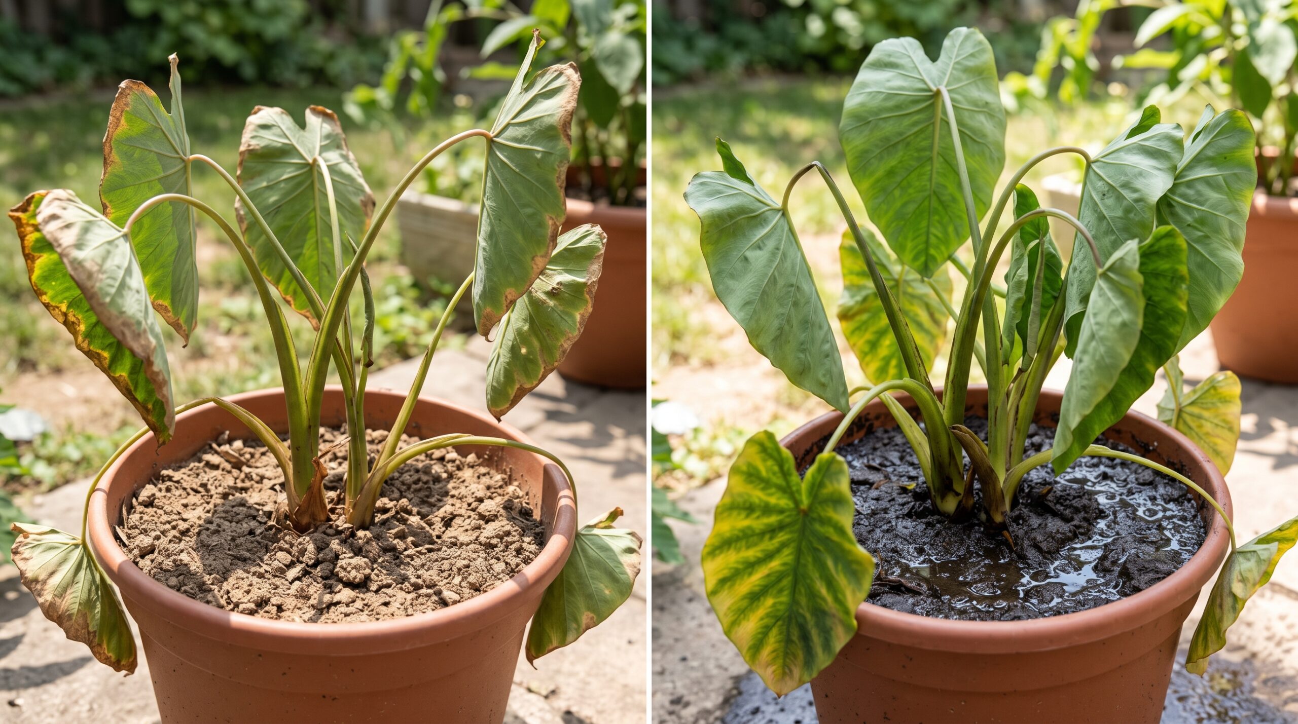 A close-up side-by-side view of a droopy dehydrated Colocasia plant in dry, crumbly potting soil compared to a limp, overwatered one in dark, soggy soil with yellowing lower leaves.