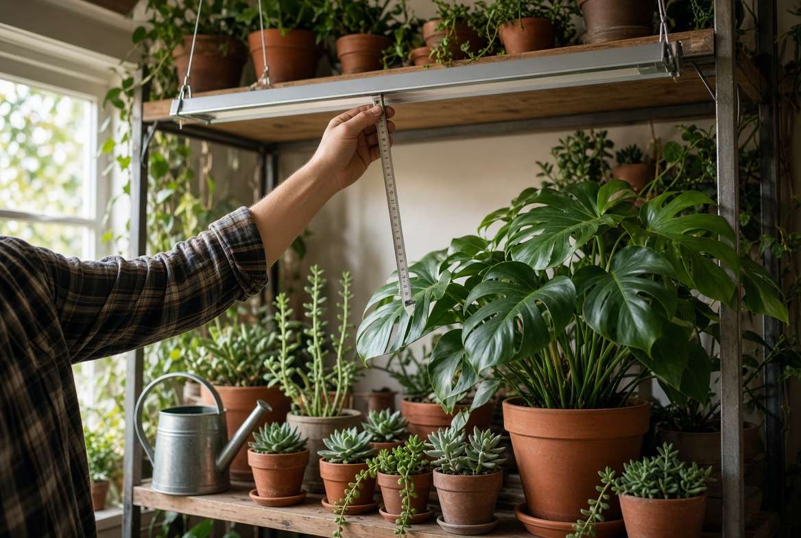 An indoor gardener using a tape measure to safely adjust the height of a supplemental grow light over potted houseplants.