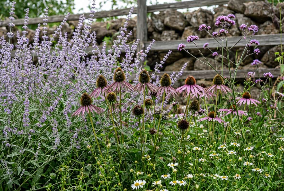 Tall Russian Sage and Purple Coneflower blooming at the back of a cottage garden border.