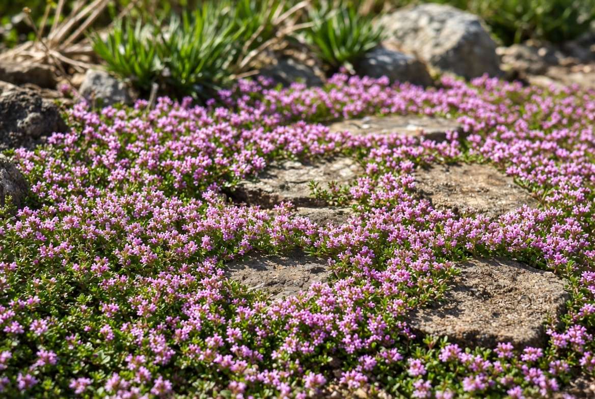 Thick carpet of pink-blooming creeping thyme growing between stone pavers to prevent weeds.