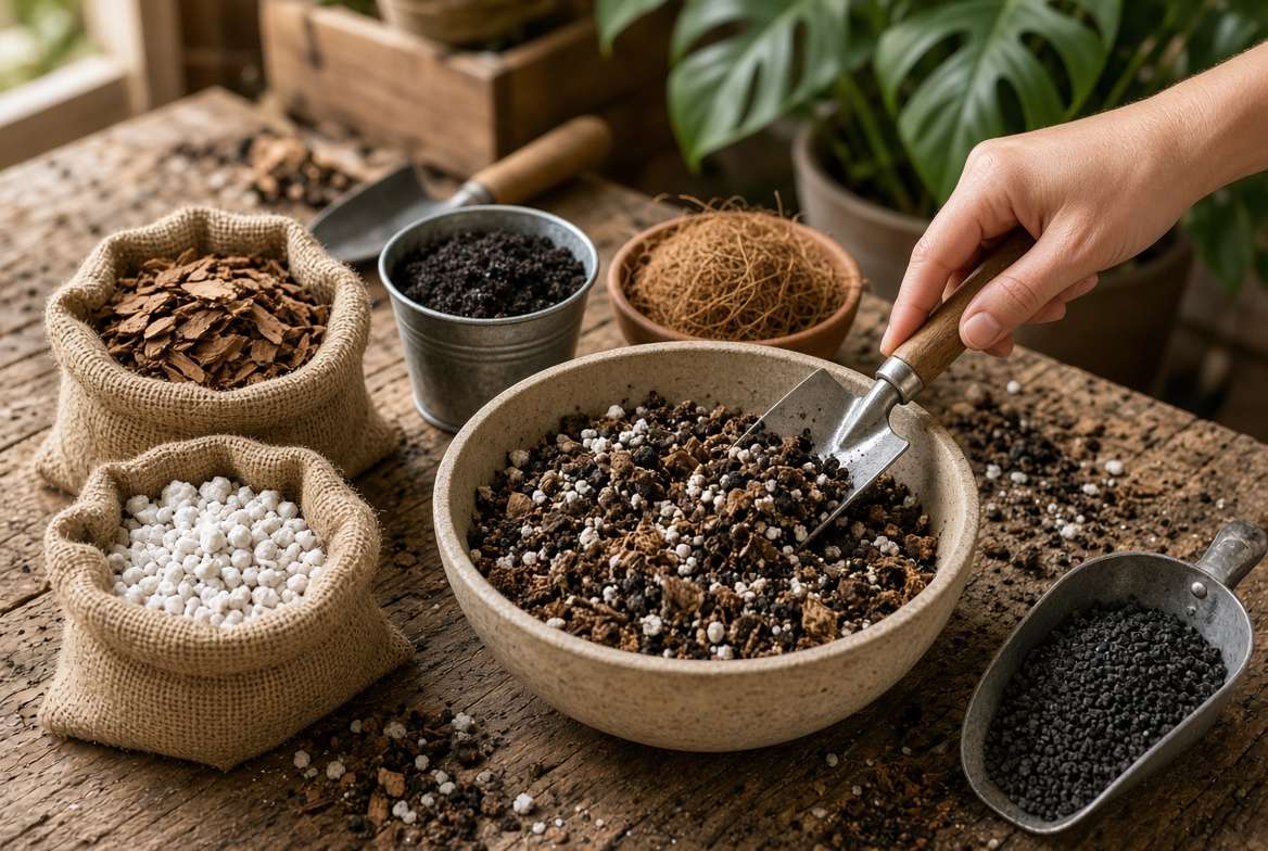 Raw ingredients for a chunky aroid soil mix, including orchid bark, perlite, and potting soil, displayed in natural containers.
