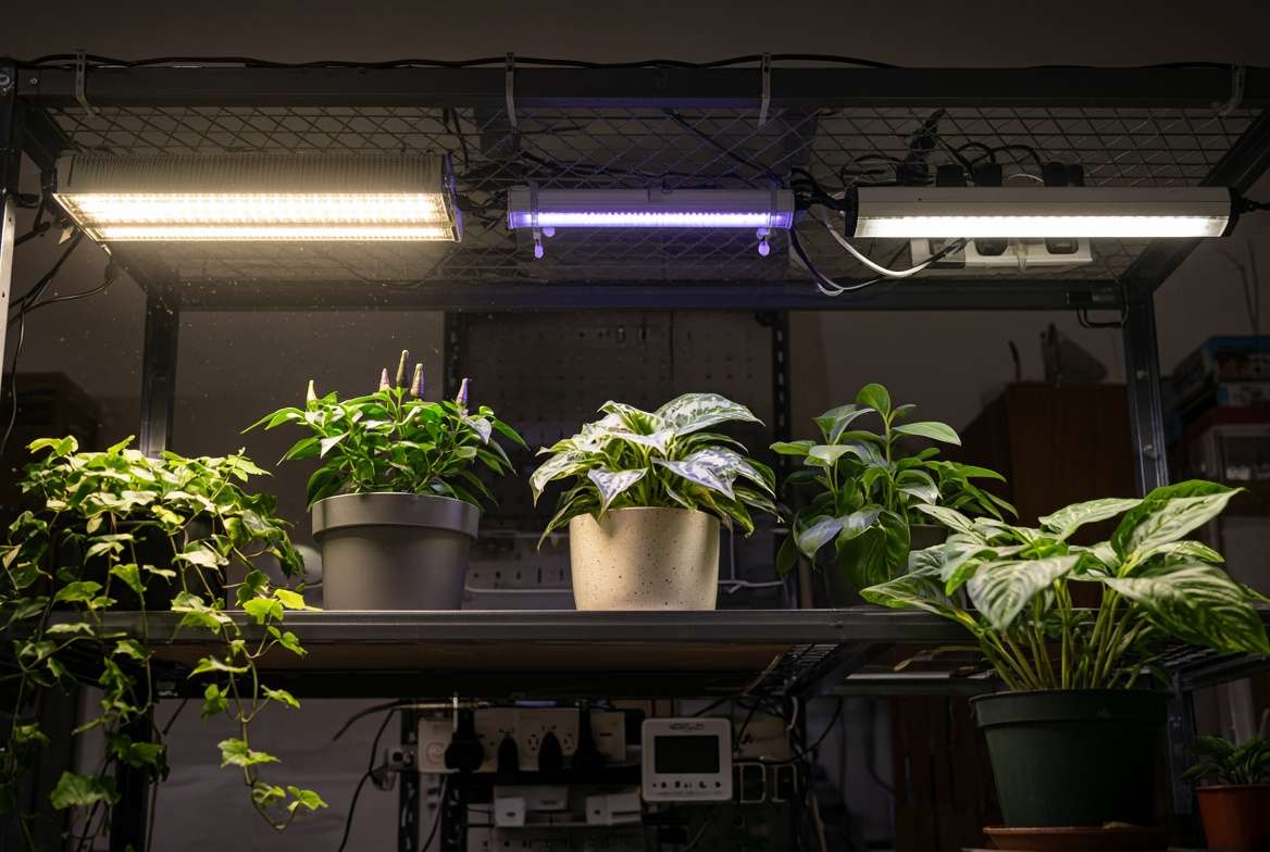 A variety of modern LED and T5 grow light fixtures mounted above indoor plants, showcasing different sizes and spectrums.