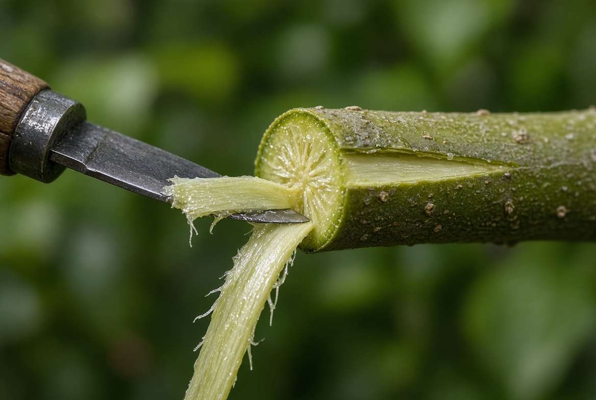 Harvesting fresh cinnamon by peeling the inner bark from a cut stem