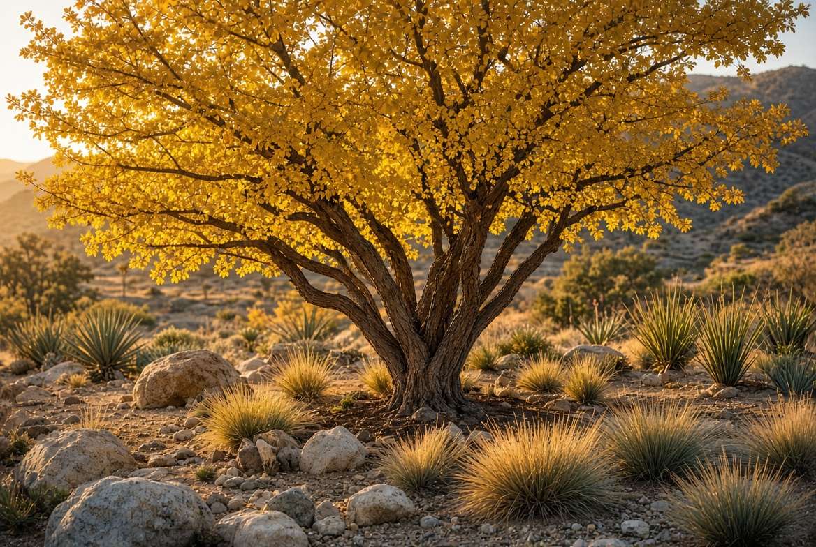 Mexican buckeye tree displaying brilliant golden yellow autumn foliage in a water-wise garden.