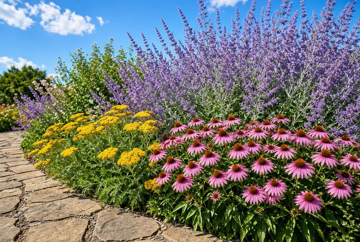Colorful sunny garden border with Russian Sage, Echinacea, and Yarrow, illustrating a resilient and vibrant landscape.