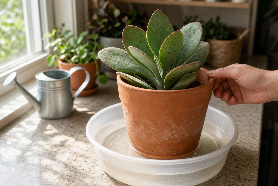 Watering a Donkey Ears plant in a terracotta pot by bottom-soaking in a tray of water to avoid crown rot.