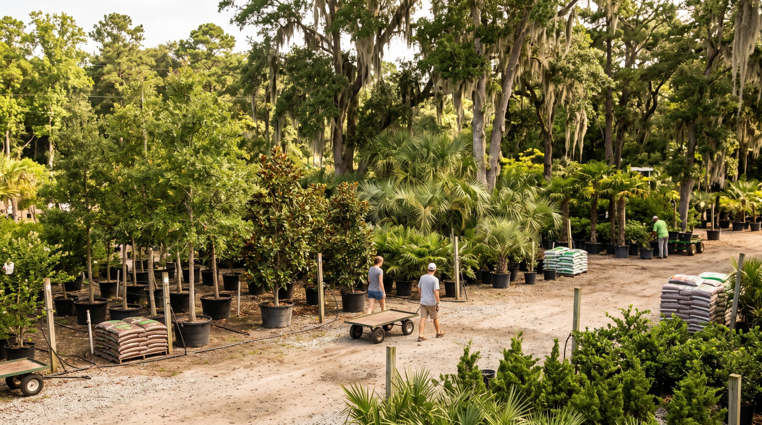 A wide outdoor view of a Wilmington plant nursery filled with rows of mature native trees, palms, and landscaping shrubs.