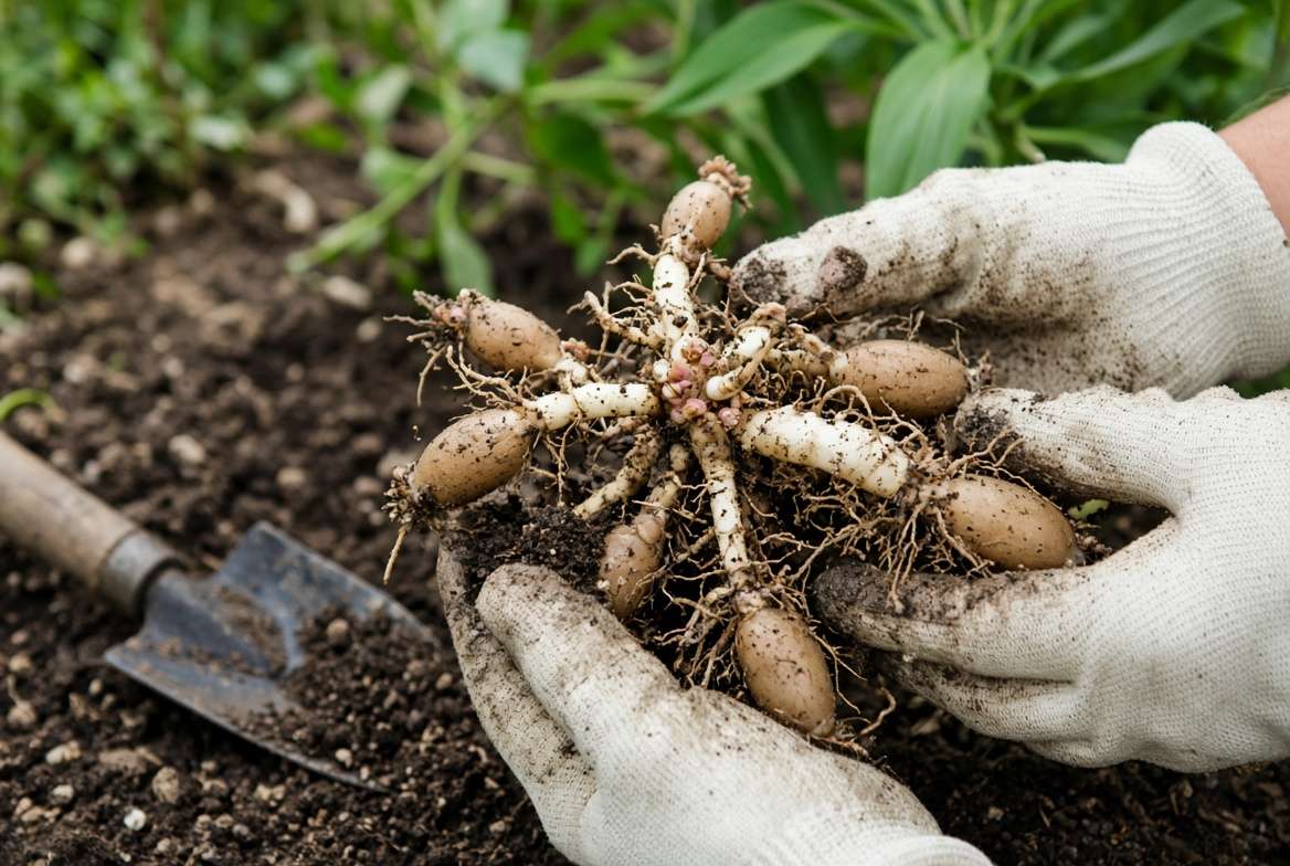 Anatomy of a Peruvian lily plant rhizome with fleshy storage tubers being held by a gardener