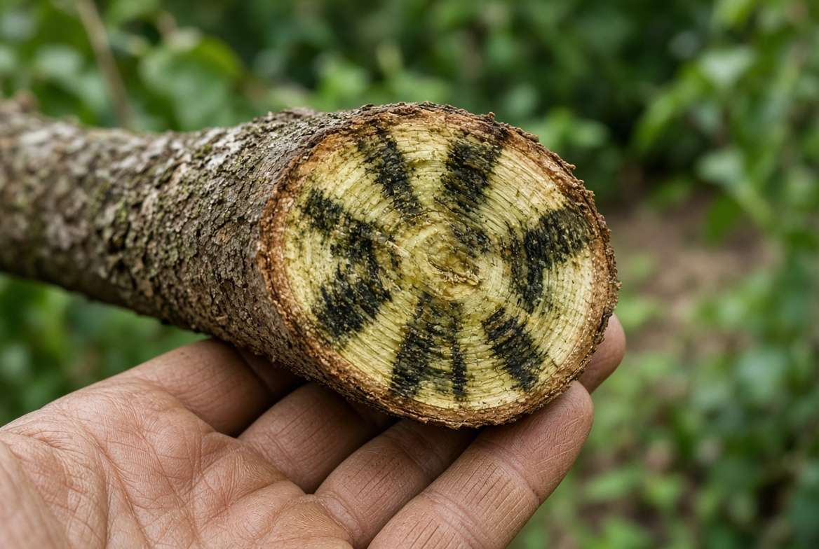 Dark vascular streaking visible under the bark of a freshly pruned tree branch, a primary symptom of Verticillium wilt.