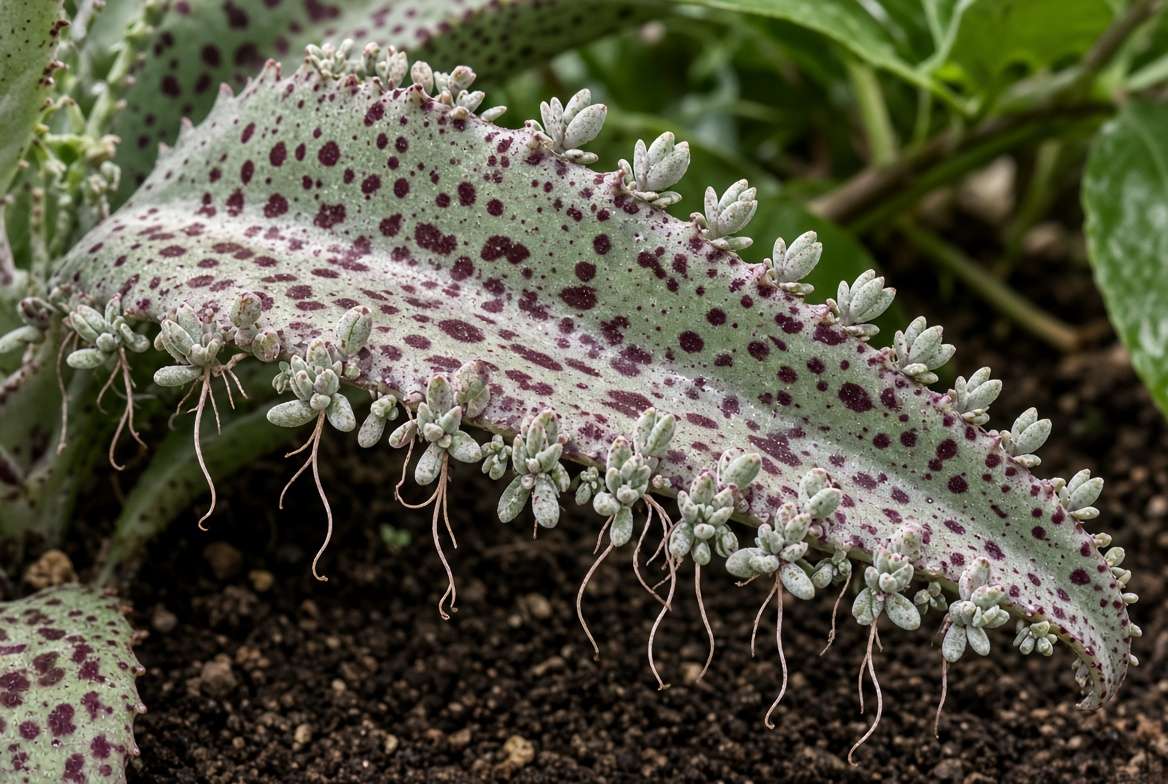 Natural propagation of Donkey Ears plant showing tiny baby plantlets (bulbils) growing along the serrated edges of a mature mother leaf